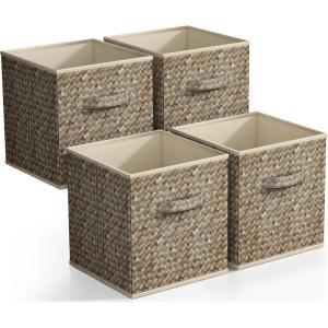 imageSorbus Collapsible Storage Bins  11quot Sturdy Foldable Fabric Storage Cubes with Handle  4 TieDye Purple Organization and Storage Baskets for Organizing Pantry Closet Nursery Dorm Toy StorageWoven Beige