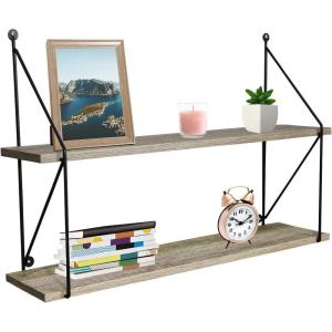 imageSorbus Floating Shelf with Metal Brackets  Wall Mounted Rustic Wood Wall Storage Decorative Hanging Display for Trophy Photo Frames Collectibles and Much More 2Tier  Grey