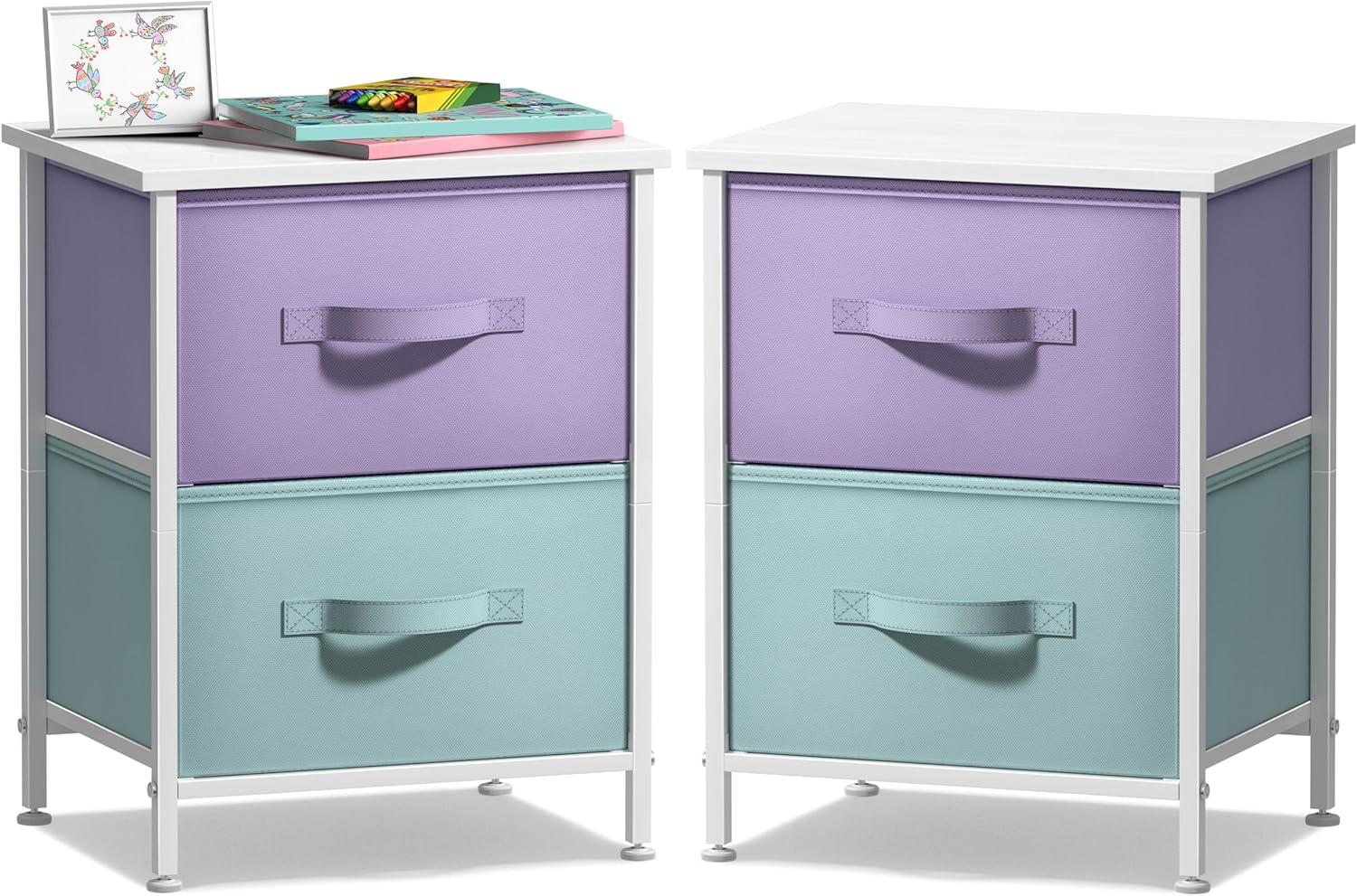 imageSorbus Nightstand with 2 Drawers  Kids Bedside Furniture End Table Night Stand  Steel Frame Wood Top ampamp Easy Pull Fabric Bins  Dresser ampamp Chest for Home Bedroom Accessories Office ampamp Dorm 2 PackPurpleAqua