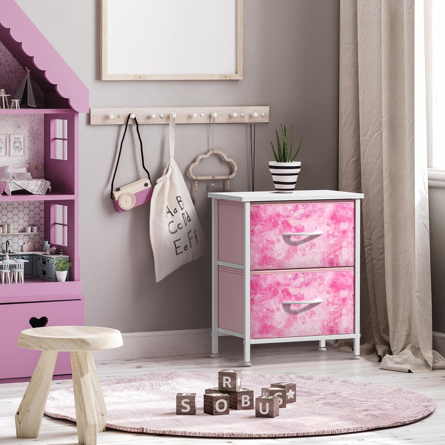 imageSorbus Nightstand with 2 Drawers  Kids Bedside Furniture End Table Night Stand  Steel Frame Wood Top ampamp Easy Pull Fabric Bins  Dresser ampamp Chest for Home Bedroom Accessories Office ampamp Dorm 2 PackPink Tiedye
