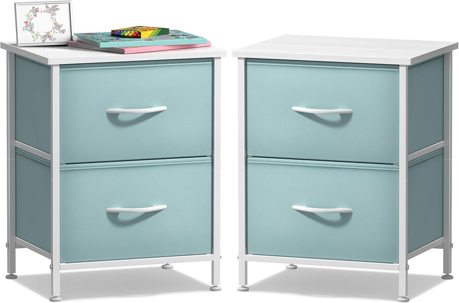 imageSorbus Nightstand with 2 Drawers  Kids Bedside Furniture End Table Night Stand  Steel Frame Wood Top ampamp Easy Pull Fabric Bins  Dresser ampamp Chest for Home Bedroom Accessories Office ampamp Dorm 2 PackAqua