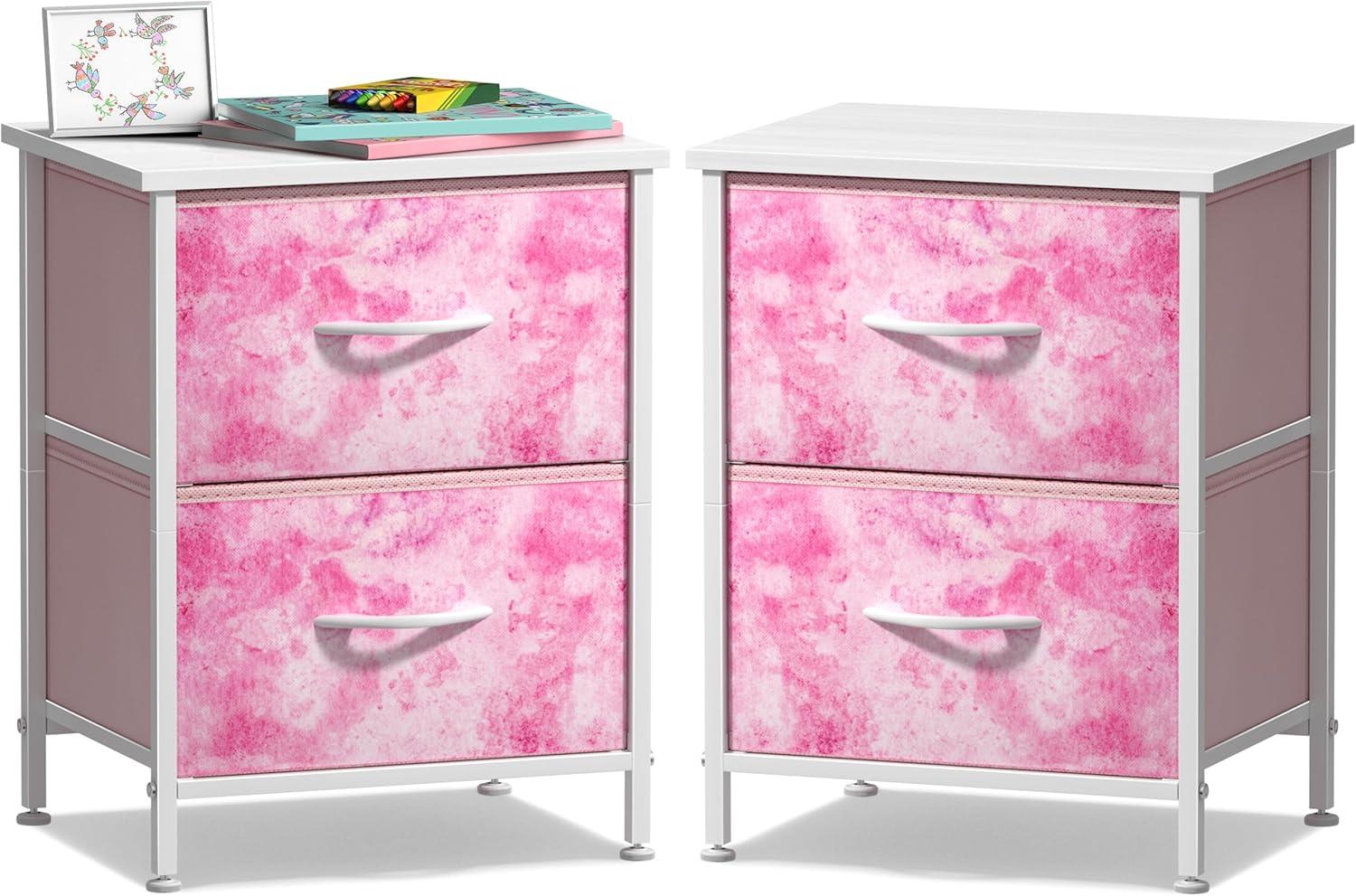 imageSorbus Nightstand with 2 Drawers  Kids Bedside Furniture End Table Night Stand  Steel Frame Wood Top ampamp Easy Pull Fabric Bins  Dresser ampamp Chest for Home Bedroom Accessories Office ampamp Dorm 2 PackPink Tiedye