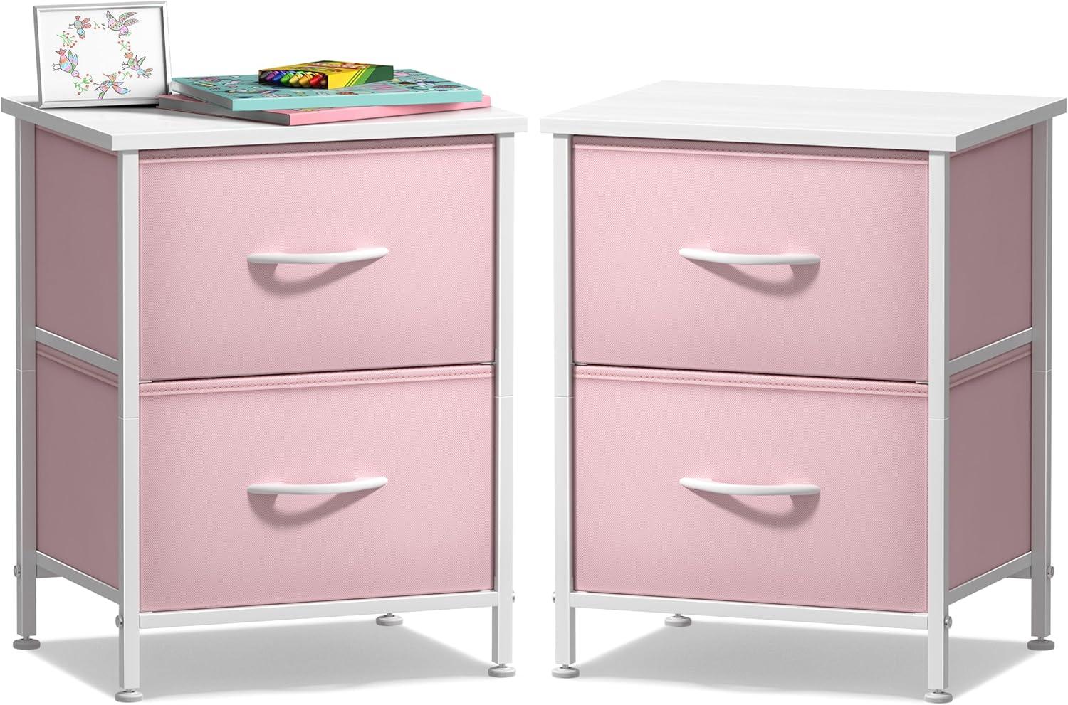 imageSorbus Nightstand with 2 Drawers  Kids Bedside Furniture End Table Night Stand  Steel Frame Wood Top ampamp Easy Pull Fabric Bins  Dresser ampamp Chest for Home Bedroom Accessories Office ampamp Dorm 2 PackPink