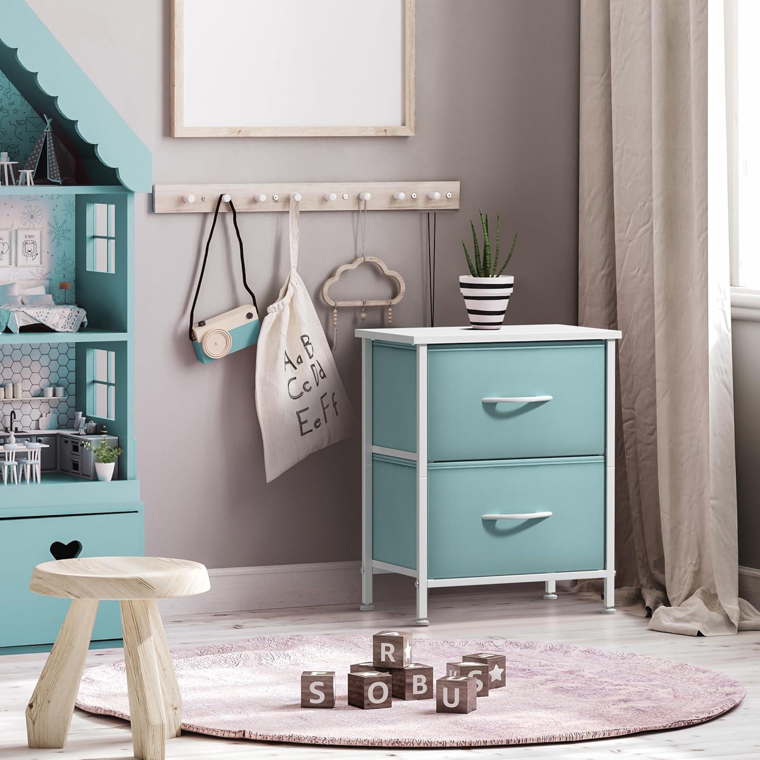 imageSorbus Nightstand with 2 Drawers  Kids Bedside Furniture End Table Night Stand  Steel Frame Wood Top ampamp Easy Pull Fabric Bins  Dresser ampamp Chest for Home Bedroom Accessories Office ampamp Dorm 2 PackAqua