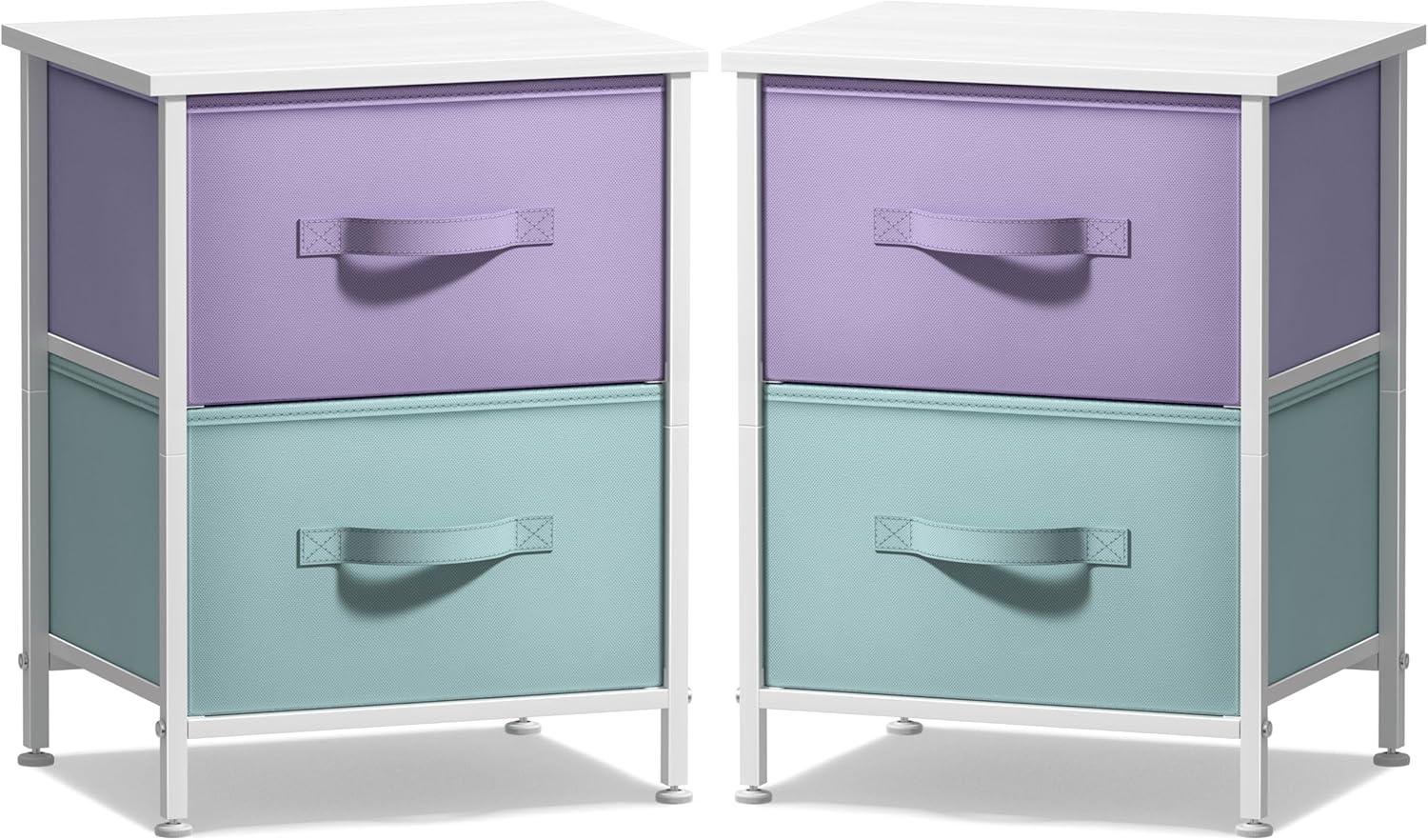 imageSorbus Nightstand with 2 Drawers  Kids Bedside Furniture End Table Night Stand  Steel Frame Wood Top ampamp Easy Pull Fabric Bins  Dresser ampamp Chest for Home Bedroom Accessories Office ampamp Dorm 2 PackPurpleAqua