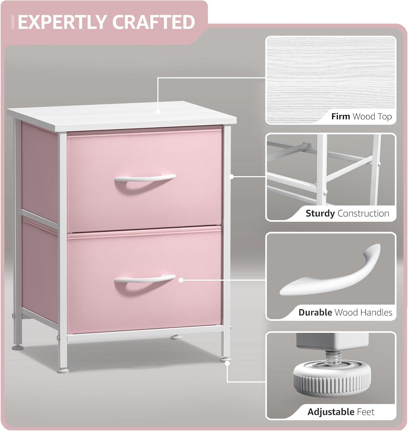 imageSorbus Nightstand with 2 Drawers  Kids Bedside Furniture End Table Night Stand  Steel Frame Wood Top ampamp Easy Pull Fabric Bins  Dresser ampamp Chest for Home Bedroom Accessories Office ampamp Dorm 2 PackPink