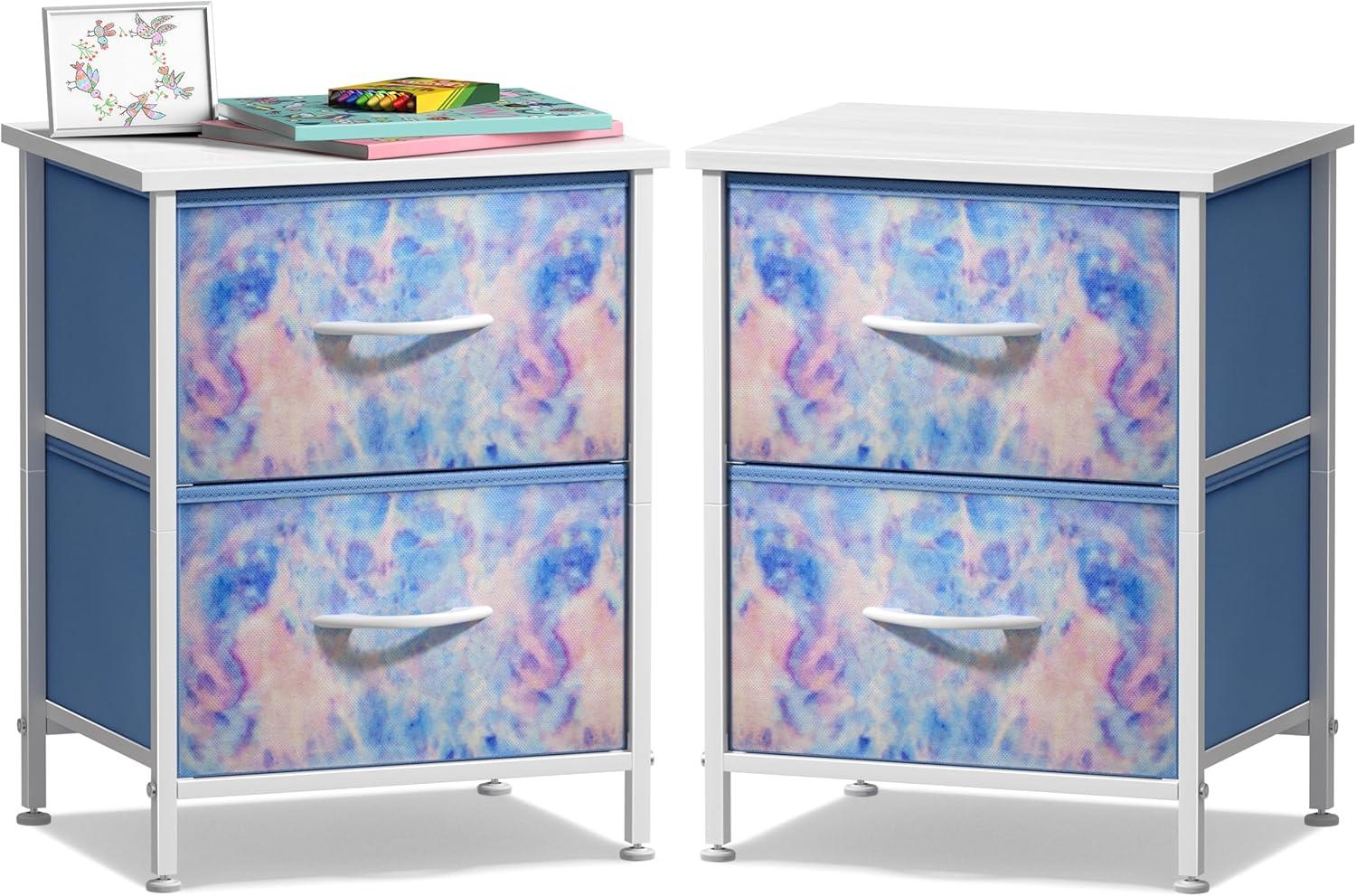 imageSorbus Nightstand with 2 Drawers  Kids Bedside Furniture End Table Night Stand  Steel Frame Wood Top ampamp Easy Pull Fabric Bins  Dresser ampamp Chest for Home Bedroom Accessories Office ampamp Dorm 2 PackBlue Tiedye