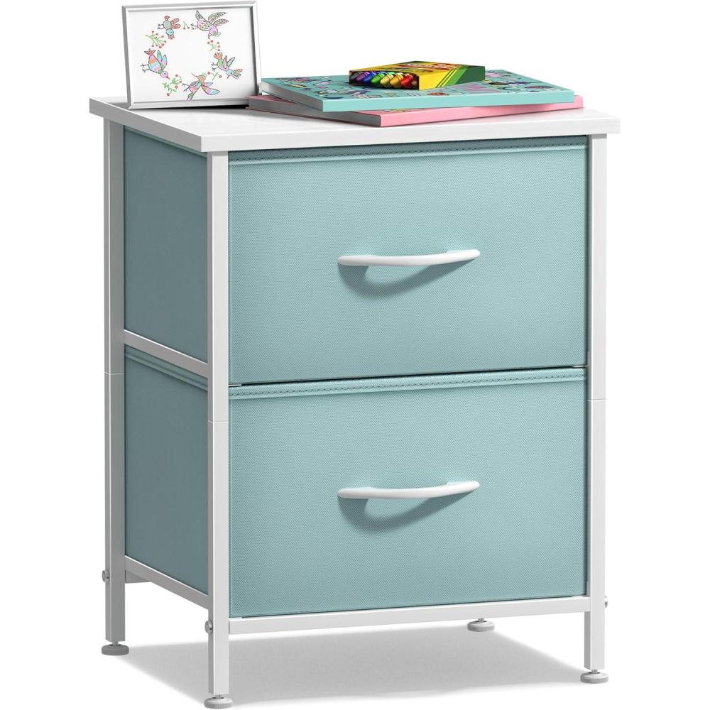 imageSorbus Nightstand with 2 Drawers  Kids Bedside Furniture End Table Night Stand  Steel Frame Wood Top ampamp Easy Pull Fabric Bins  Dresser ampamp Chest for Home Bedroom Accessories Office ampamp Dorm 2 PackAqua