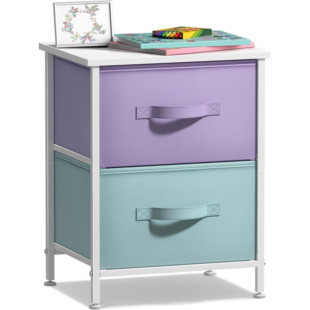 imageSorbus Nightstand with 2 Drawers  Kids Bedside Furniture End Table Night Stand  Steel Frame Wood Top ampamp Easy Pull Fabric Bins  Dresser ampamp Chest for Home Bedroom Accessories Office ampamp Dorm 2 PackPurpleAqua