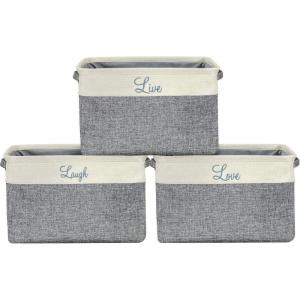 imageSorbus Fabric Storage Cubes 15 Inch 3 Pack Grey Jute and Cotton Rectangular Baskets with Script Text Foldable Storage Bins for Organizing Decorative Baskets for ShelvesGrey
