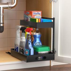 imageSorbus Under Sink Organizer with Sliding Tracks and Adhesive Tape  2Tier PullOut Storage Rack for Kitchen and Bathroom  No Drill Under Sink Organization Storage Cabinet ShelfBlack
