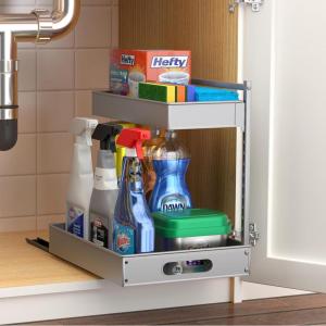 imageSorbus Under Sink Organizer with Sliding Tracks and Adhesive Tape  2Tier PullOut Storage Rack for Kitchen and Bathroom  No Drill Under Sink Organization Storage Cabinet ShelfSilver