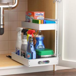imageSorbus Under Sink Organizer with Sliding Tracks and Adhesive Tape  2Tier PullOut Storage Rack for Kitchen and Bathroom  No Drill Under Sink Organization Storage Cabinet ShelfWhite