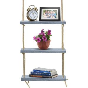 imageSorbus Wood Hanging Shelf 3Tier Rustic Wood Swing Storage Shelves Rope Organizer Rack Floating Display Shelves Grey3 Tier Rope Shelf  Grey