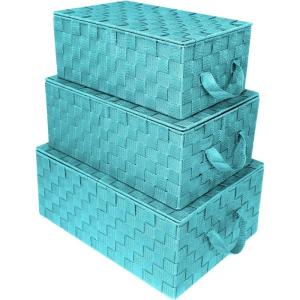 imageSorbus Set of 3 Storage Baskets for Organizing with Lid Mesh HandWoven Design Linen Closet Organizers and Storage Organizer Storage Baskets for Shelves Variety Pack Organizers and Storage WhiteWoven Lid Baskets  Aqua