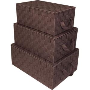 imageSorbus Set of 3 Storage Baskets for Organizing with Lid Mesh HandWoven Design Linen Closet Organizers and Storage Organizer Storage Baskets for Shelves Variety Pack Organizers and Storage WhiteWoven Lid Baskets  Chocolate