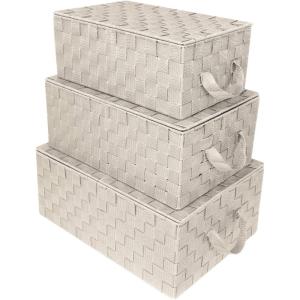 imageSorbus Set of 3 Storage Baskets for Organizing with Lid Mesh HandWoven Design Linen Closet Organizers and Storage Organizer Storage Baskets for Shelves Variety Pack Organizers and Storage WhiteWoven Lid Baskets  Beige