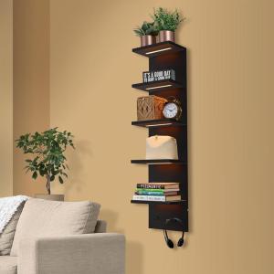 imageSorbus LED Light Display Shelf  Vertical 5 Tier Wall Shelf Unit with 2 Hooks Column Utility Shelving for Home Decor WallMounted Floating Shelves for Bathroom Bedroom Vanity Figurine DisplayBlack