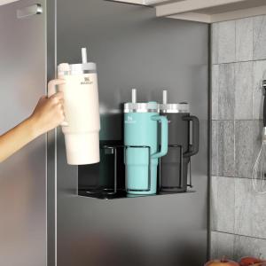 imageSorbus Stanley Cup Organizer  3Cup Holder for Cabinet Fridge or Wall  Magnetic or Screw Mount  Stanley Storage Organizer for 20oz 30oz 40oz Cups Tumblers and Water Bottles Black 1PackBlack