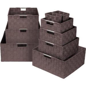 imageSorbus Set of 9 Storage Baskets for Organizing Mesh HandWoven Design Linen Closet Organizers and Storage Organizer Storage Baskets for Shelves Variety Pack Organizers and Storage WhiteChocolate