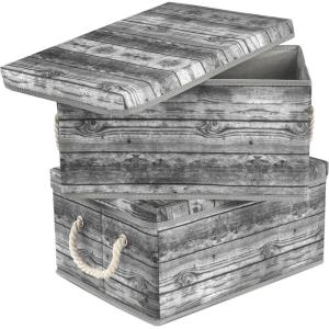 imageSorbus Storage Box Set with Lid Carry Handles Foldable Frame Rustic Wood Grain Print Bins Great for Toys Memorabilia Closet Office Bedroom 2Pack Wood Box Set  BrownWood Box Set  Gray