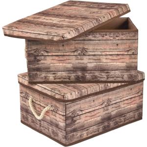imageSorbus Storage Box Set with Lid Carry Handles Foldable Frame Rustic Wood Grain Print Bins Great for Toys Memorabilia Closet Office Bedroom 2Pack Wood Box Set  BrownWood Box Set  Brown