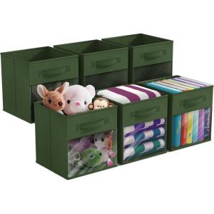 imageSorbus 13 Inch Storage Bins with Clear Window  6 Foldable Baskets for Organizing Clothes Toys Books  Sturdy Collapsible Fabric Storage Cubes with Handle  Storage Baskets for Shelves ClosetsDark Green