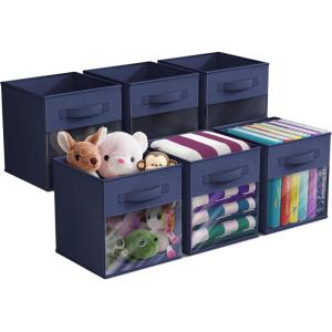 imageSorbus 13 Inch Storage Bins with Clear Window  6 Foldable Baskets for Organizing Clothes Toys Books  Sturdy Collapsible Fabric Storage Cubes with Handle  Storage Baskets for Shelves ClosetsNavy Blue
