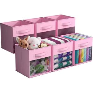 imageSorbus 13 Inch Storage Bins with Clear Window  6 Foldable Baskets for Organizing Clothes Toys Books  Sturdy Collapsible Fabric Storage Cubes with Handle  Storage Baskets for Shelves ClosetsPink