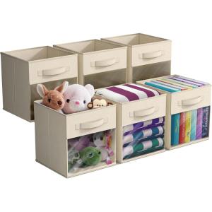 imageSorbus 13 Inch Storage Bins with Clear Window  6 Foldable Baskets for Organizing Clothes Toys Books  Sturdy Collapsible Fabric Storage Cubes with Handle  Storage Baskets for Shelves ClosetsBeige