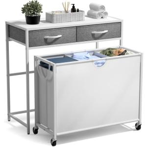 imageSorbus 3 Section Laundry Hamper with Shelf and 2 Drawers for Laundry Room Organization Laundry Basket with Wheels Rolling Laundry Hamper Laundry Sorter for Optimal Storage and Organization WhiteWhite