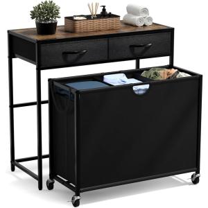 imageSorbus 3 Section Laundry Hamper with Shelf and 2 Drawers for Laundry Room Organization Laundry Basket with Wheels Rolling Laundry Hamper Laundry Sorter for Optimal Storage and Organization WhiteRustic