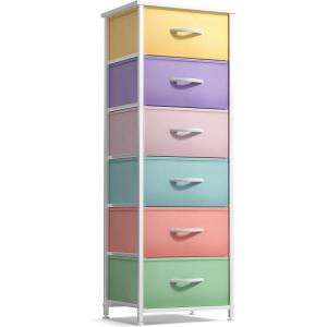 imageSorbus Fabric Dresser for Kids Bedroom  Chest of 6 Drawers Tall Storage Tower Clothing Organizer for Closet for Playroom for Nursery Steel Frame Fabric Bins  Wood Handle PurplePastel