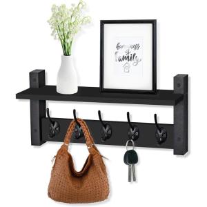 imageSorbus Coat Hooks Wall Mount with Shelf  24 Inch Coat Rack Wall Mount with 5 Heavy Duty Hooks  Floating Wall Shelf with Hooks for Entryway Bathroom Bedroom Kitchen or Mudroom BlackBlack