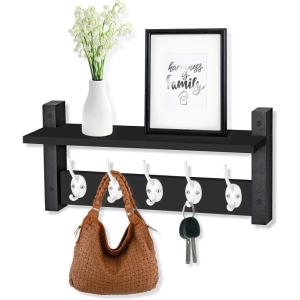 imageSorbus Coat Hooks Wall Mount with Shelf  16 Inch Coat Rack Wall Mount with 5 Heavy Duty Hooks  Floating Wall Shelf with Hooks for Entryway Bathroom Bedroom Kitchen or Mudroom BlackBlack