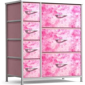 image:imageSorbus Dresser with 7 Drawers  Furniture Storage Chest for Kids Teens Bedroom Nursery Playroom Clothes Toys  Steel Frame Wood Top Tiedye Fabric Bins 7Drawer TiedyePink
