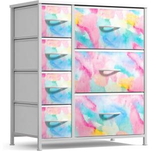 image:imageSorbus Dresser with 7 Drawers  Furniture Storage Chest for Kids Teens Bedroom Nursery Playroom Clothes Toys  Steel Frame Wood Top Tiedye Fabric Bins 7Drawer TiedyeWatercolor