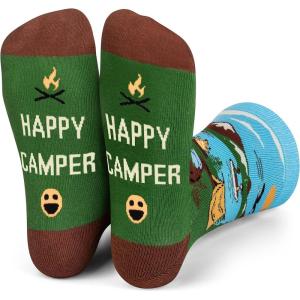 imageLavley Funny Socks for Outdoor Activities Lovers and More  Novelty Gifts for Men Women and Teens US Alpha One Size Regular Regular Happy Camper