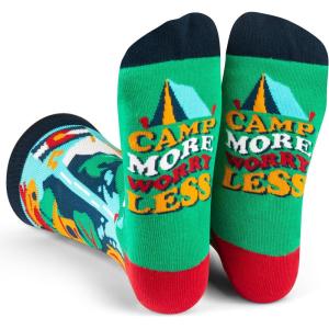 imageLavley Funny Socks for Outdoor Activities Lovers and More  Novelty Gifts for Men Women and TeensCamp More Worry Less