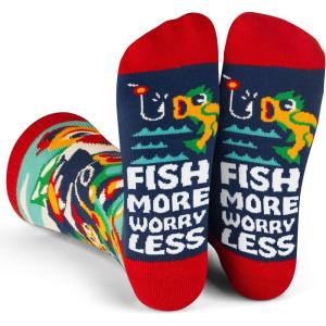 imageLavley Funny Socks for Outdoor Activities Lovers and More  Novelty Gifts for Men Women and TeensFish More  Worry Less