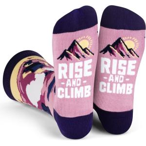 imageLavley Funny Socks for Outdoor Activities Lovers and More  Novelty Gifts for Men Women and TeensRise and Climb Purple
