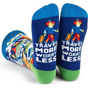 imageLavley Funny Socks for Outdoor Activities Lovers and More  Novelty Gifts for Men Women and TeensTravel More Worry Less