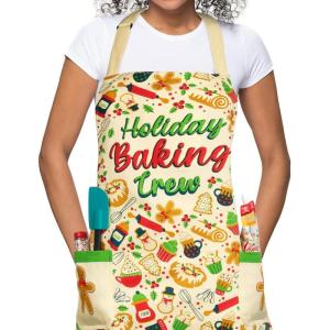 imageLavley Christmas Baking Aprons With Pockets For Women Men and Kids  100 Cotton Long Waist Ties Adjustable Neck StrapHoliday Baking Crew