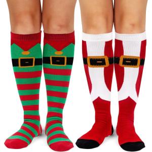 imageLavley Knee High Christmas Socks For Adults  Cute Holiday Party Outfit Accessories for Women and Men  Santa Suit ampamp Elf 2 Pack