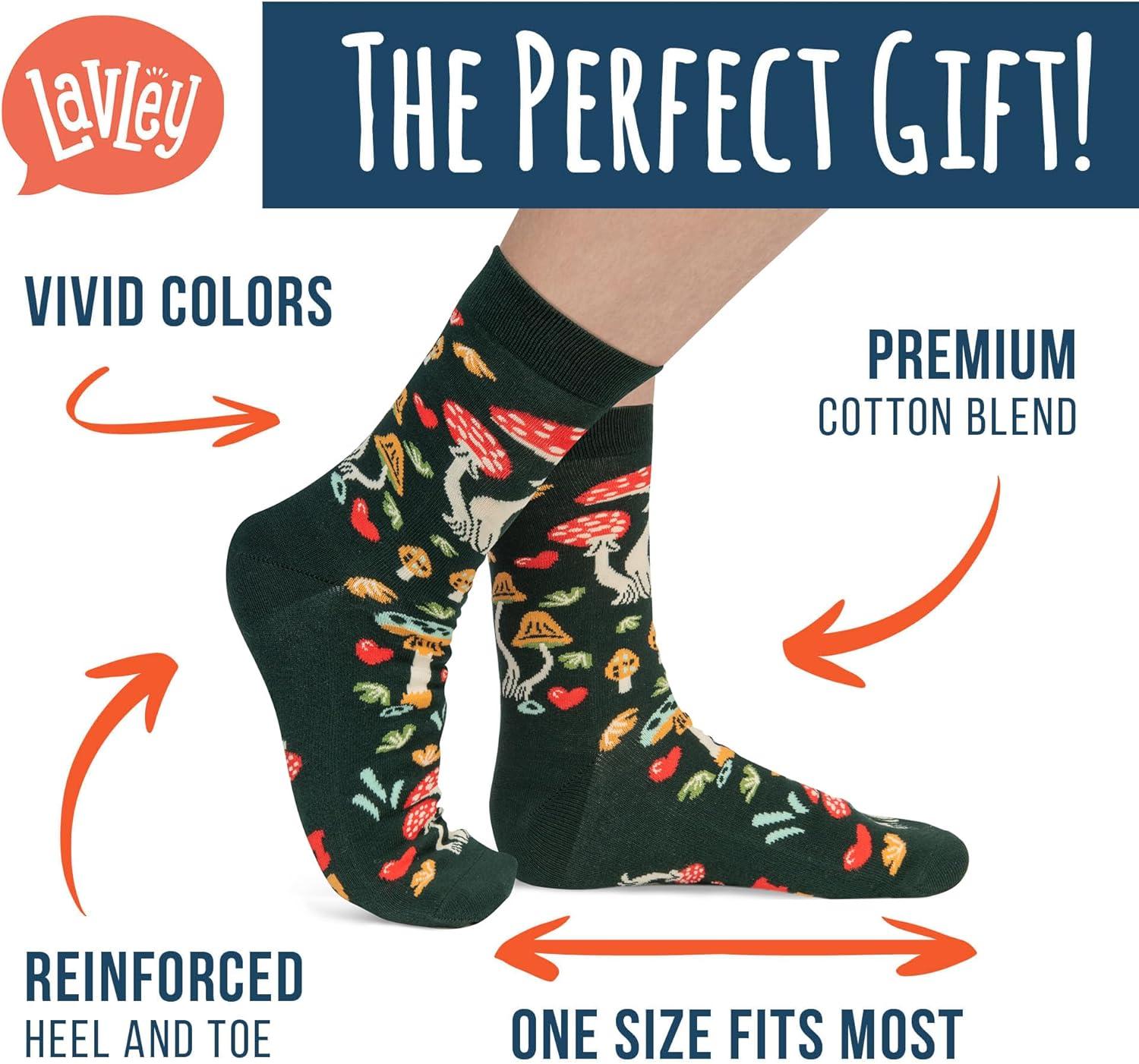 imageLavley Fun and Funny Socks for Women  Cute Colorful Acessory Gifts for Adults and Teens  One Size Fits Most LadiesMush Love Mushrooms