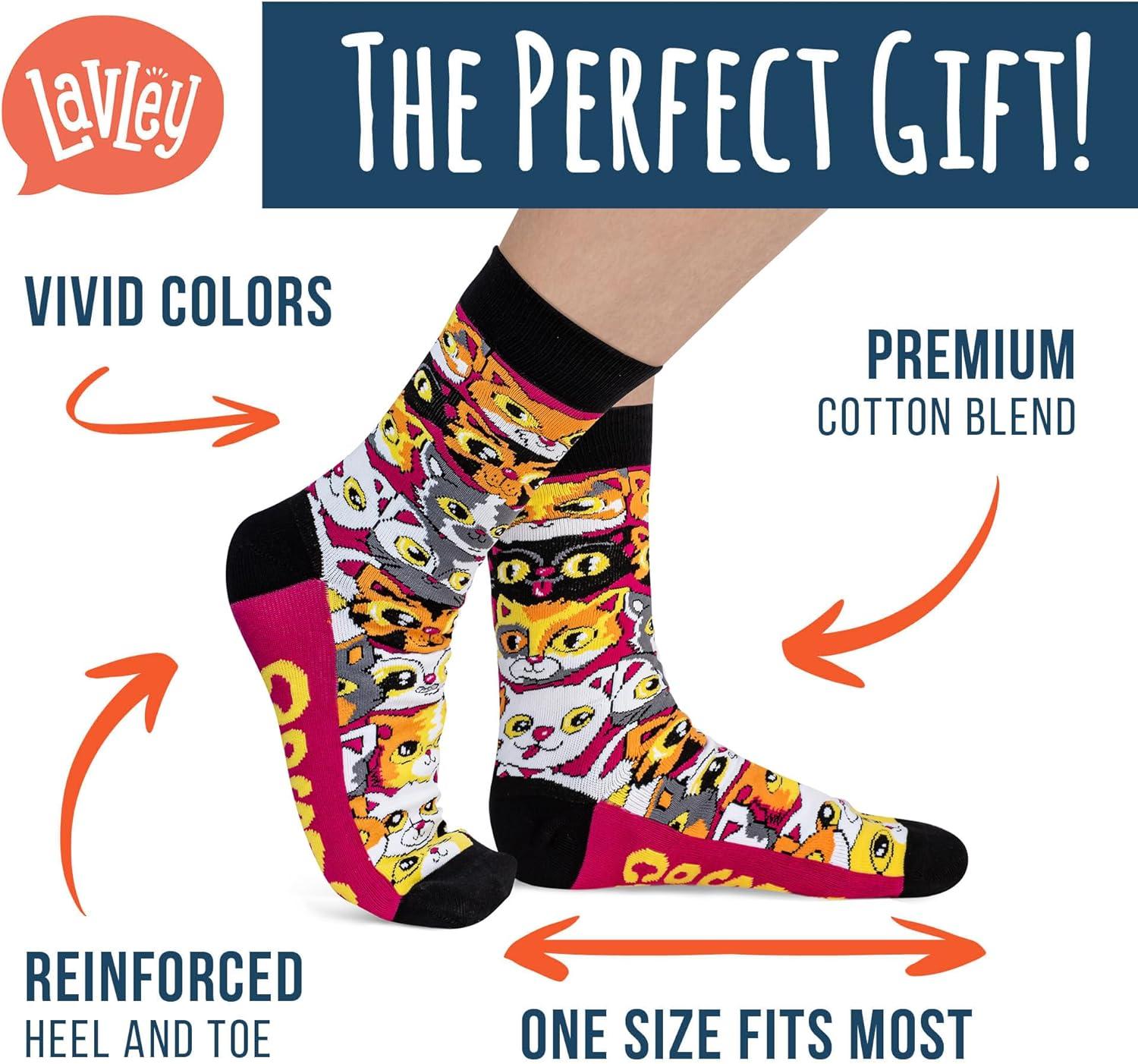 imageLavley Fun and Funny Socks for Women  Cute Colorful Acessory Gifts for Adults and Teens  One Size Fits Most LadiesOne Cat Shy of Crazy