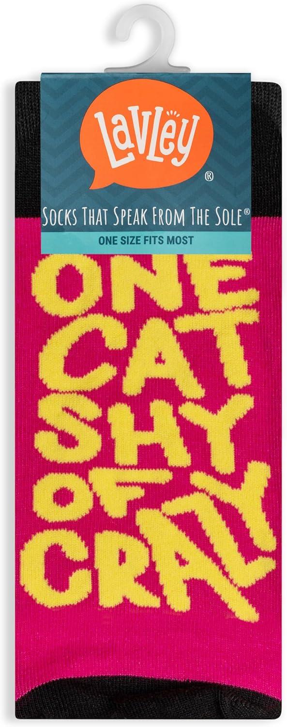 imageLavley Fun and Funny Socks for Women  Cute Colorful Acessory Gifts for Adults and Teens  One Size Fits Most LadiesOne Cat Shy of Crazy