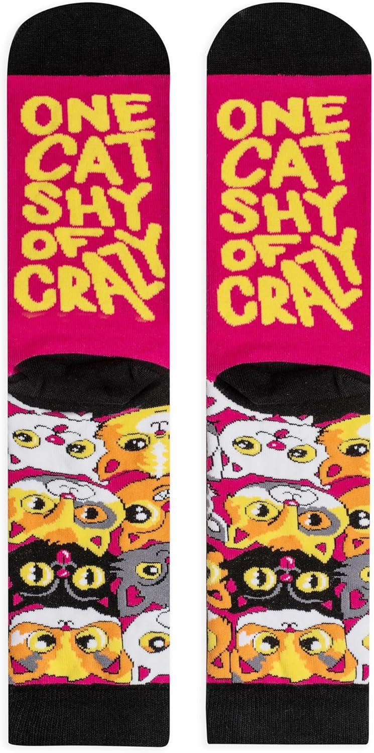 imageLavley Fun and Funny Socks for Women  Cute Colorful Acessory Gifts for Adults and Teens  One Size Fits Most LadiesOne Cat Shy of Crazy
