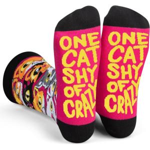 imageLavley Fun and Funny Socks for Women  Cute Colorful Acessory Gifts for Adults and Teens  One Size Fits Most LadiesOne Cat Shy of Crazy