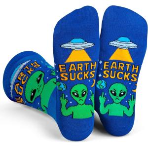 imageLavley Funny Socks for Adults  Cool Novelty Gifts and Stocking Stuffers for Men Women ampamp Teens  One SizeEarth Sucks Alien